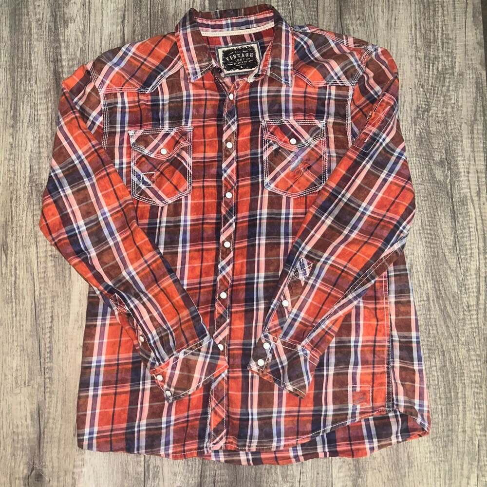 BKE Vintage 1967 Relaxed Fit Orange Plaid Pearl Snap Western Shirt Size L